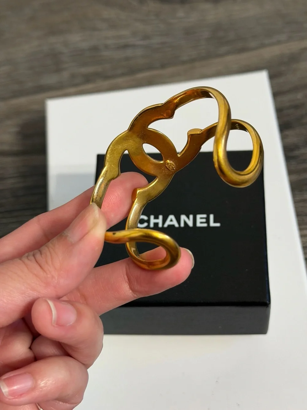 CHANEL Vintage Gold CC Logo Cuff Bracelet